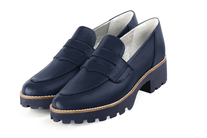 Navy blue women's casual loafers. Round toe. Low rubber soles. Front view - Florence KOOIJMAN